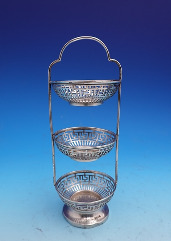 3 Tier Mini Candy Stand Birmingham 1909 ESB = E.S. Barnsley & Co. pierced Greek key design, weighted, some dents 7